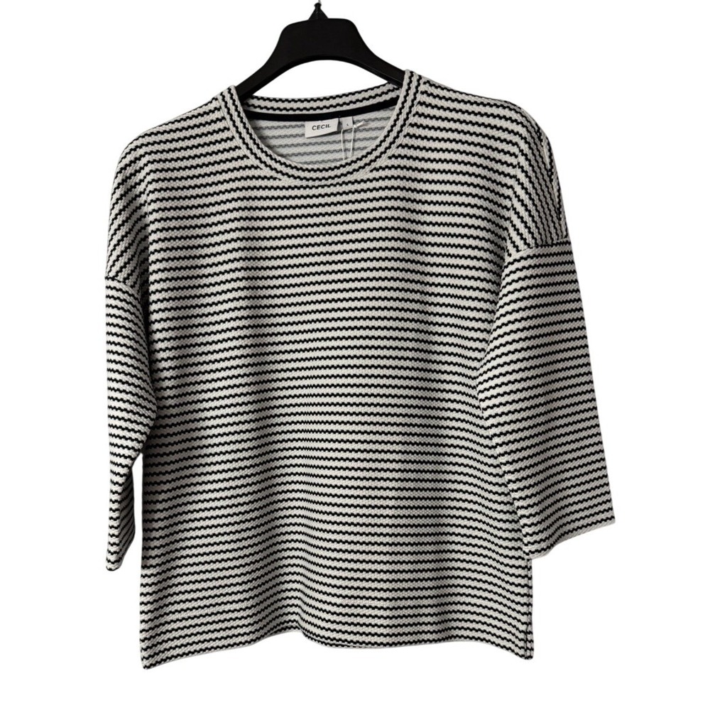 NWT Cecil Womens 3/4 Sleeve Artikel White‎ Black Striped Top Blouse Shirt Large